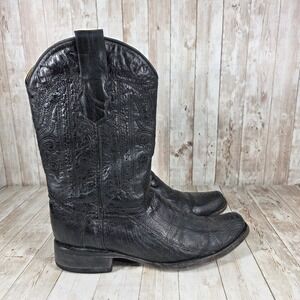 Golden Boots Mens Black Ostrich‎ Leather Square Toe Cowboy Boots 9.5